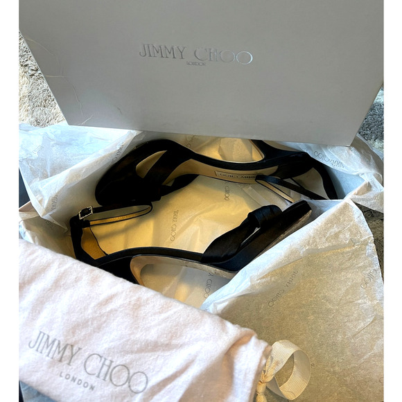 Jimmy Choo 9.5 Satin Open Toe MACY Sandals CRYSTAL Ankle Strap Pumps Heel Black - Picture 3 of 10